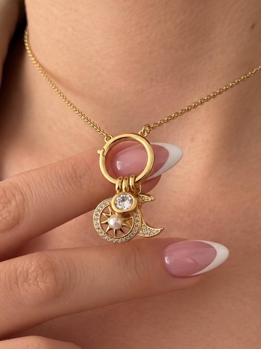 14K Gold Plated Sun Moon Charm Necklace Real Zircon Removable Celestial